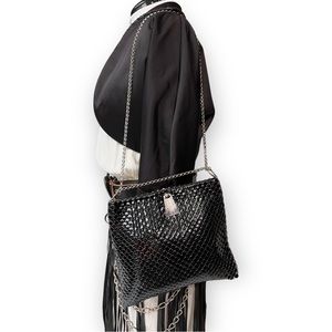 Vintage Whiting & Davis Black Silver Metallic Mesh Adjustable Strap Party Bag